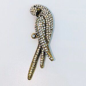 Antique-Style Gold Parrot Brooch With Rhinestone Accents & Pin Back